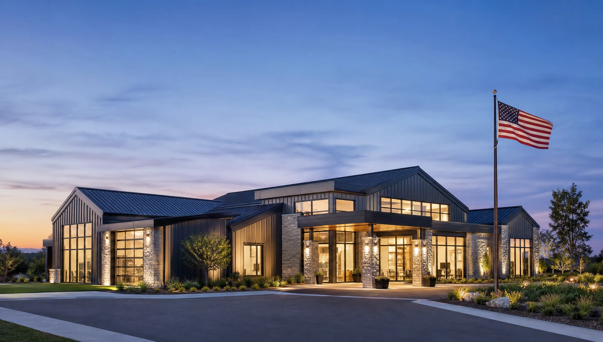 Premium Commercial Steel Building | North Point Steel Modern commercial steel office building with architectural metal panels and standing seam roof representing North Point Steel' commitment to quality craftsmanship and customer trust.