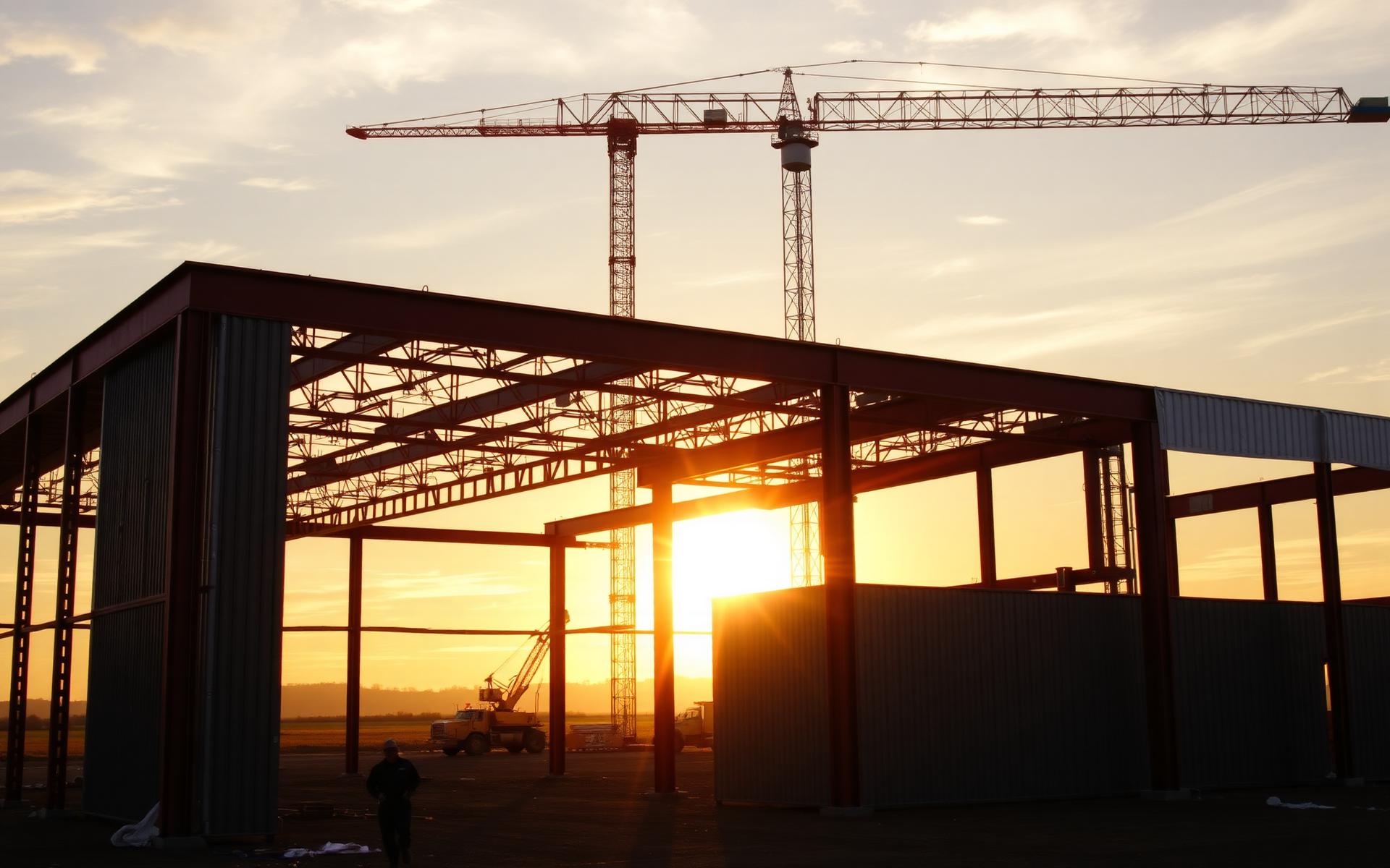 Steel commercial building under construction at golden hour, red iron structural frame partially clad in charcoal panels