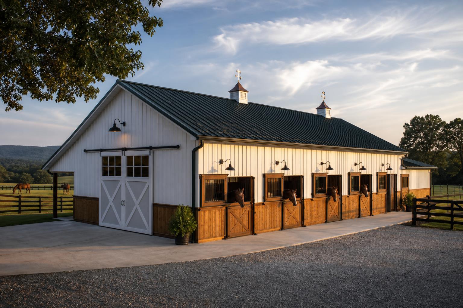 Horse Barns Elegant center-aisle steel horse barn with dark green metal roof, cupolas, cedar wainscot, and horses in dutch-door stalls