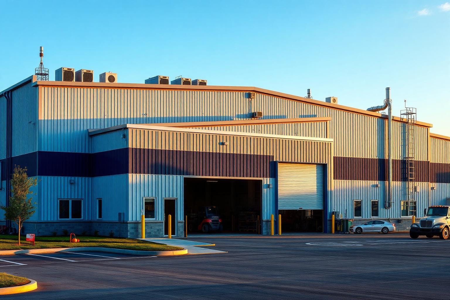 Manufacturing Buildings Silver steel manufacturing plant with 30-foot eaves, monitor roof, rooftop HVAC units, and forklift at an oversized overhead door