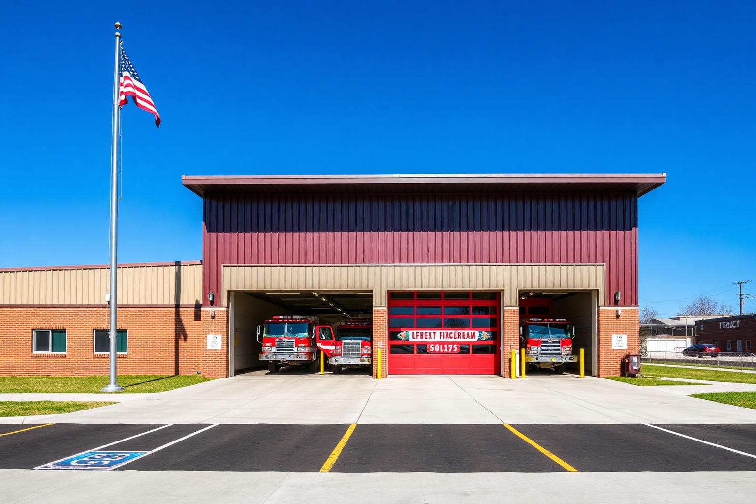 Municipal fire station steel building with four red apparatus bay doors open to fire engines, brick facade, and American flag