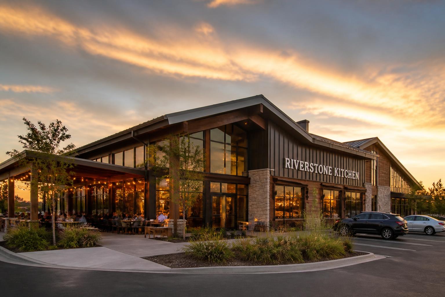 Steel Restaurants Upscale steel-framed restaurant with standing seam metal roof, stone and cedar accents, floor-to-ceiling windows, and an outdoor patio full of diners at golden hour