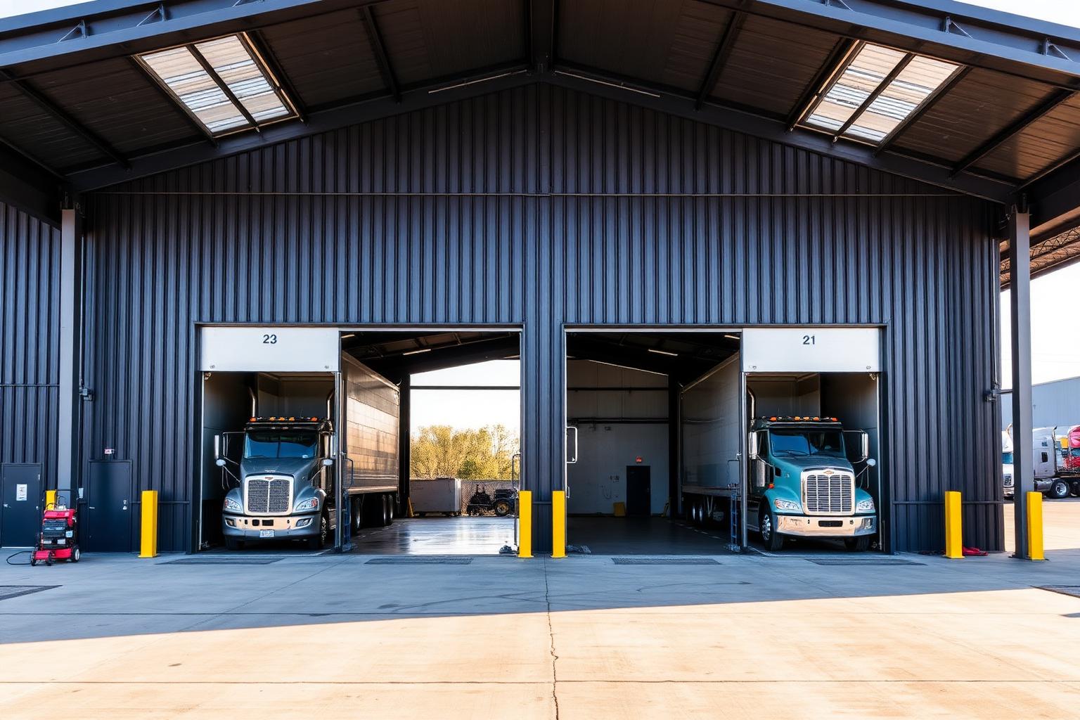 Truck Shops Heavy-duty truck maintenance shop steel building with 22-foot eaves, drive-through bay doors, and Class 8 semi-tractors inside