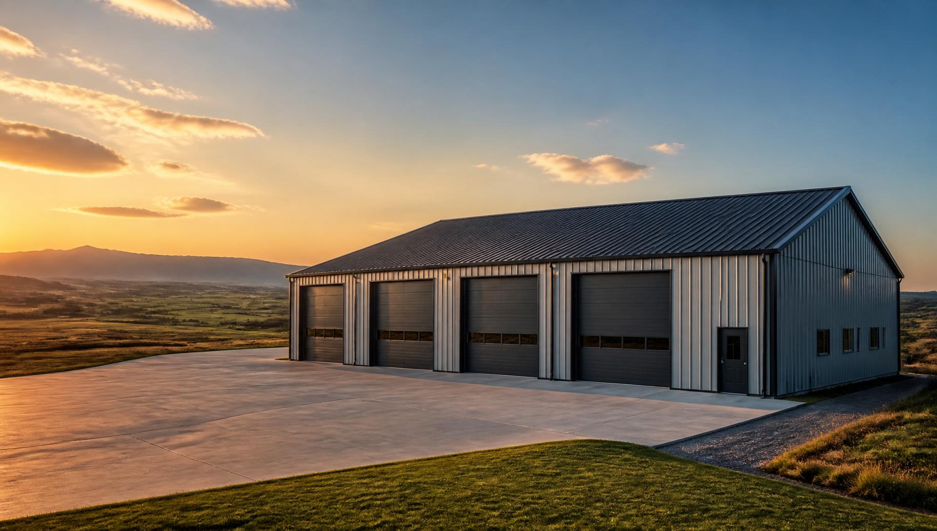 Large modern American pre-engineered steel commercial workshop building with standing-seam metal roof and multiple overhead doors at golden hour